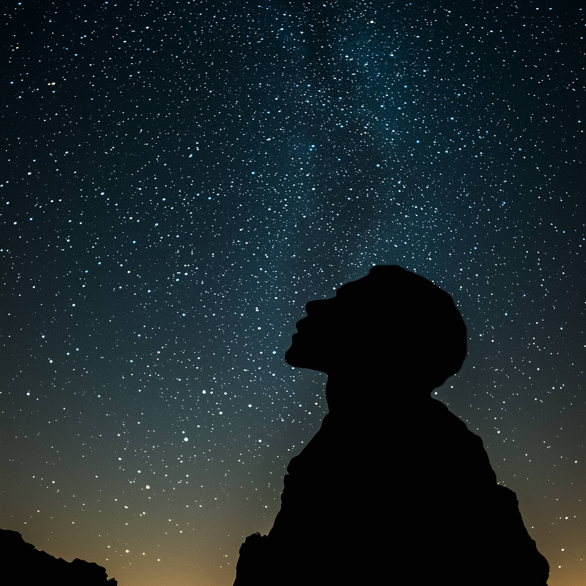 Prehistoric figure 'Lucy' looking up at the night sky, wondering about the stars.