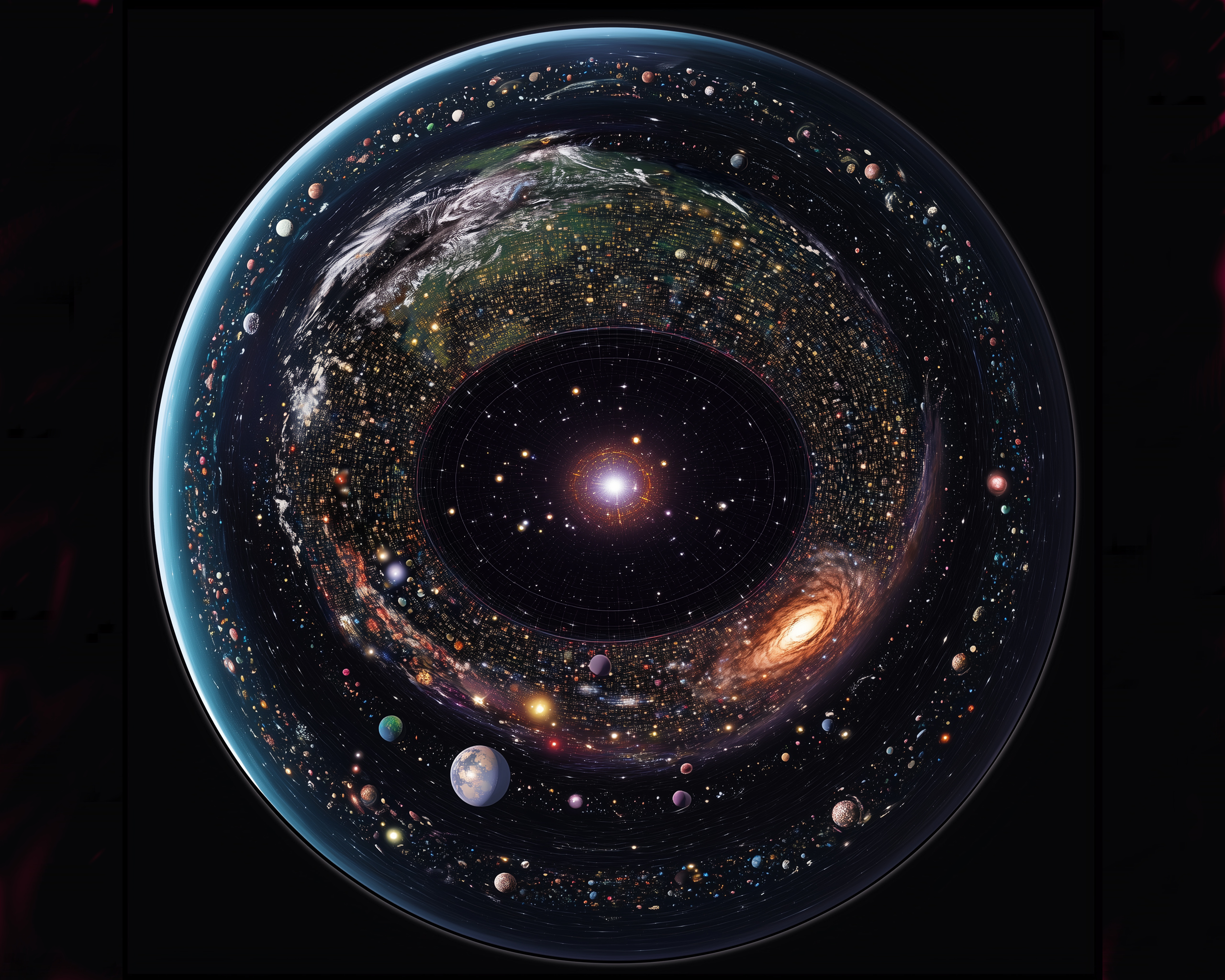 Visualization of the universe scaled down to the size of the Earth.